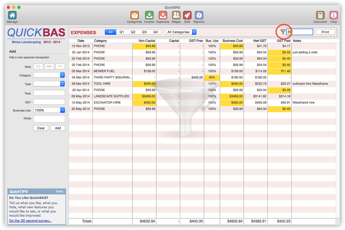 Search and filter Expense entries